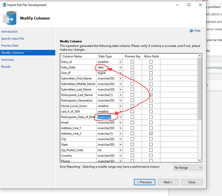 使用汇入向导将资料从 csv 档案汇入 SQL Server 时获取 (datetime2) 或 (date) 资料型别