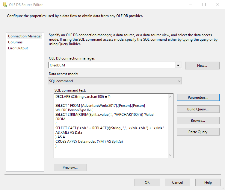 当数据库兼容级别设定为 SQL Server 2008 时,如何在 SSIS OLE DB 源 SQL 命令中使用 STRING_SPLIT?