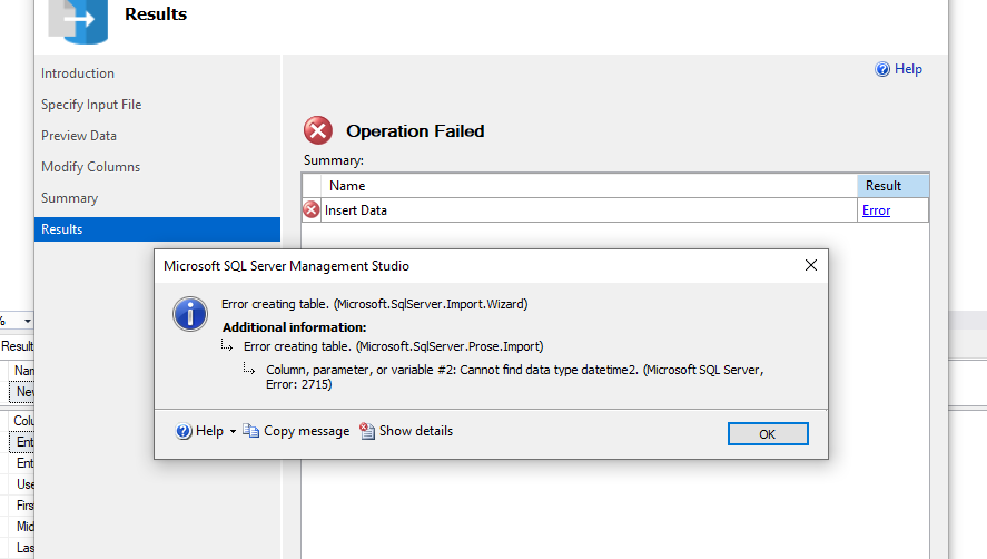 使用汇入向导将资料从 csv 档案汇入 SQL Server 时获取 (datetime2) 或 (date) 资料型别